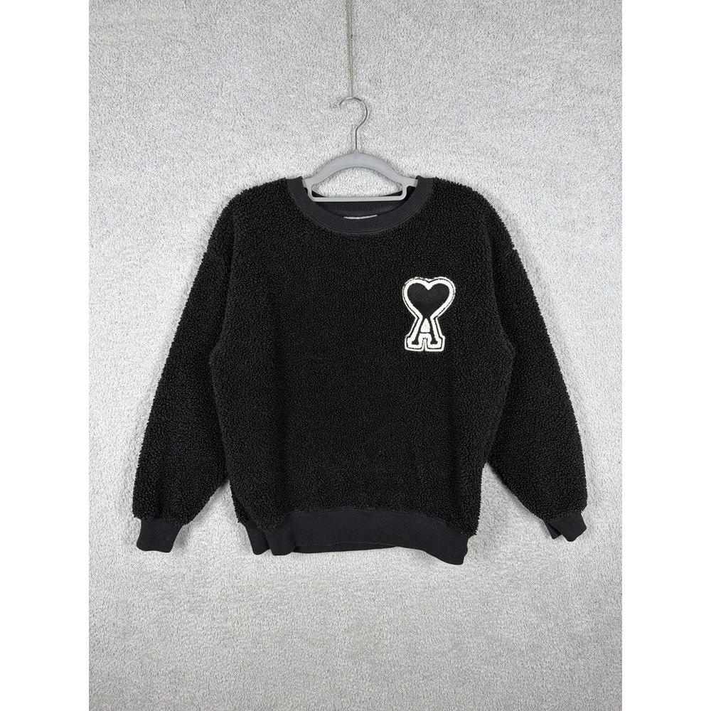 AMI Paris Heart Logo Textured Boucle Sweatshirt Black Woman's Size S
